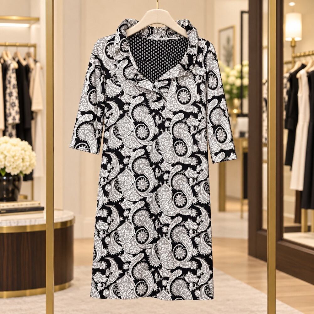 Gretchen Scott Plentiful Paisley Ruffneck Black White 3/4 Sleeve Shift Dress XS